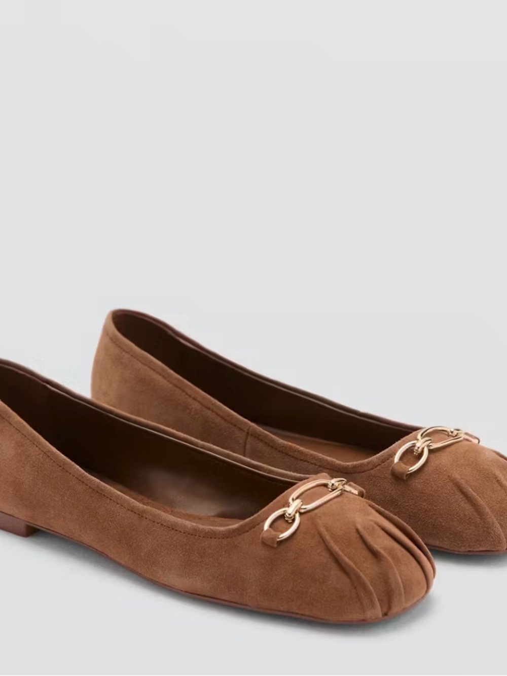 Mango Brown Suede Ballet Flats with Gold Chain Detail